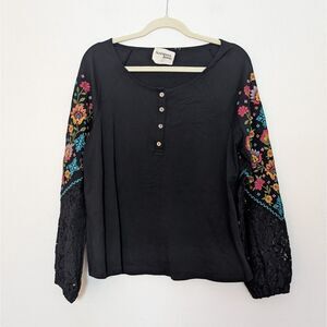 Savanna Jane Top Black Floral Embroidered Lace Long Sleeve Blouse Boho Large